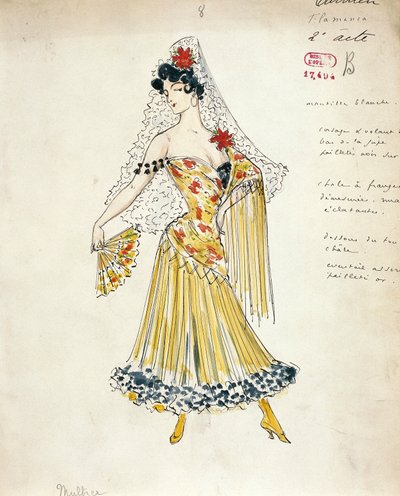 Fransa, Paris, Georges Bizet tarafından Carmen için flamenko dansçıları için kostüm taslağı by Marcel Multzer