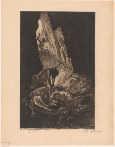 Çıplak bir adamı yiyen yaratıklarla karanlık bir mağaranın içi Guet maymunları (nesne üzerindeki başlık) by Marcel Roux (signed by artist)