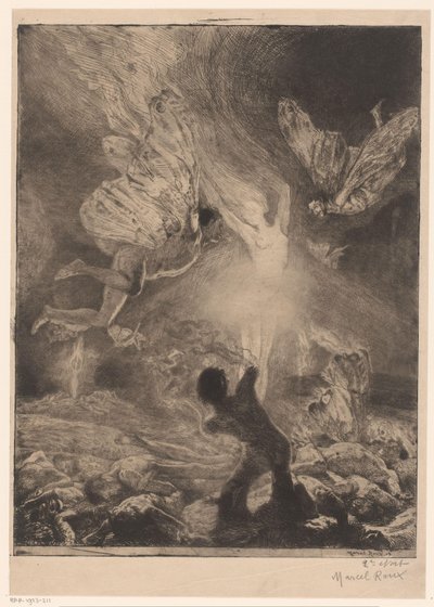 Kadın şeklinde alev, yanan ve çarpan kanatlı erkeklerle çevrili Femme alev Zevk kızı (dizi başlığı) Fille de Joïe (nesne üzerinde dizi başlığı) by Marcel Roux (signed by artist)