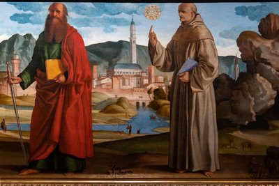 St. Francis, St. Clare ve Peter, Breganze'nin kutsanmış Bartolomeo'su ve St. Paul ve Bernardino arasında stigmata alıyor, detay by Marcello Fogolino