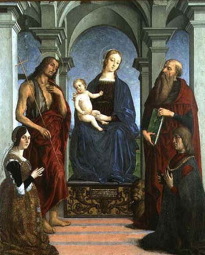 Aziz Jerome ve Vaftizci Yahya ve Bağışçılarla Madonna ve Çocuk (panel) by Marco (attr. to) Meloni