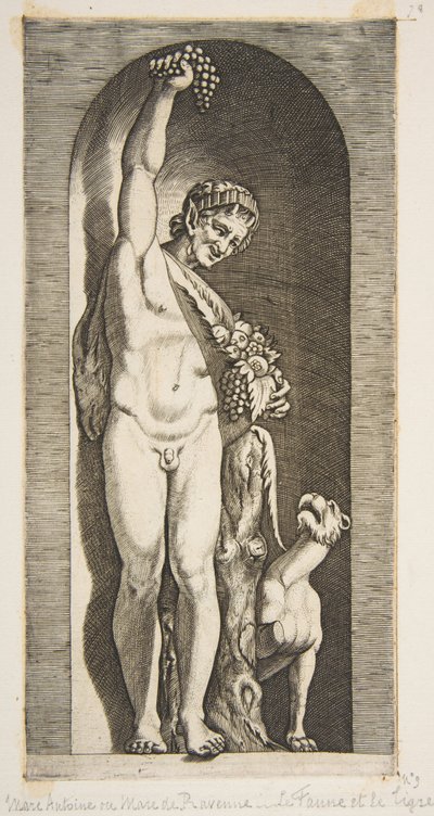 Bir niş içinde duran ve sağ eliyle bir salkım üzümü tutan bir faun ve ..., yakl. 1515-27. by Marco Dente