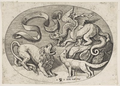 Birbirleriyle savaşan bir aslan, ejderha ve tilki, üstte yazılı bir bandrol, oval bir c..., yakl. 1515-27. by Marco Dente