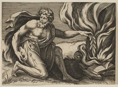 Diz çökmüş ve yanan kitap yığınının üzerine bir defne dalı koyan bir adam, yaklaşık. 1515-27. by Marco Dente