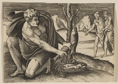 Bir balık sepetinin yanında diz çökmüş ve birini iki eliyle tutan bir adam, iki adam ..., yakl. 1515-27. by Marco Dente