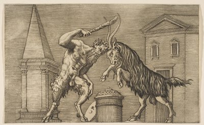 Bir satir ve bir koç birbirine saldırıyor, satir sağ ha..., yak. 1515-27. by Marco Dente