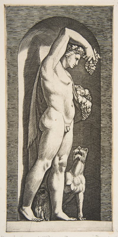 Bir niş içinde duran Bacchus, kaldırdığı sağ elinde üzüm, l..., ca. 1515-27. by Marco Dente