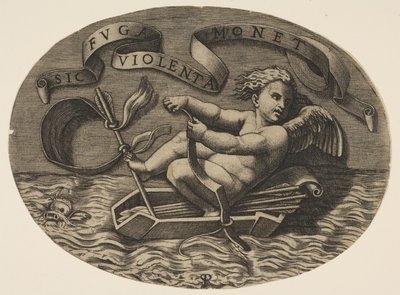 Eros, okla ok kılıfından yapılmış bir tekneyi yayı kullanarak denizden kaçıyor..., ca. 1515-27. by Marco Dente
