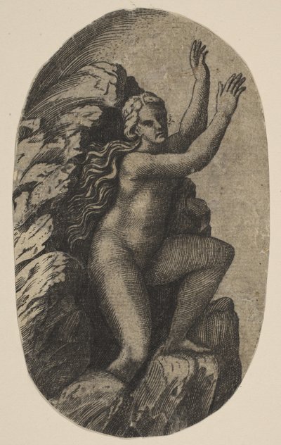 Eurydice çıplak bir kayanın üzerinde duruyor, kolları sağa doğru kaldırılmış, yakl. 1515-27. by Marco Dente
