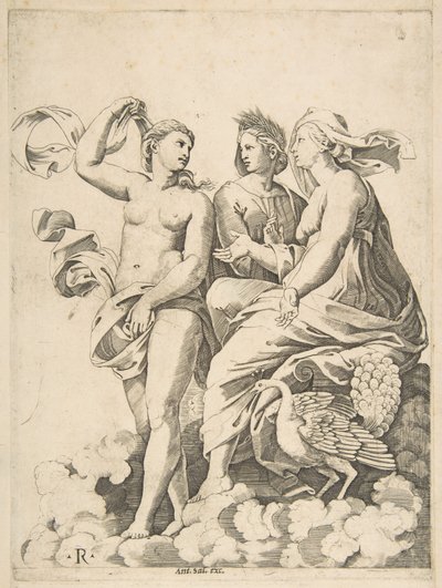 Juno, Ceres ve Psyche bulutların içinde sohbet ediyor, Juno yanında bir tavus kuşuyla oturuyor..., yakl. 1515-27. by Marco Dente