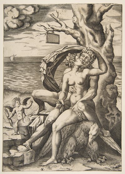 Jüpiter ve Semele kucaklaşıyor, altlarında bir kartal, sağda boş bir ağaç..., yakl. 1515-27. by Marco Dente