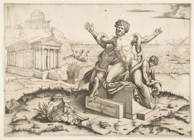 Laocoön ve iki oğlunun bir kaide üzerinde yılanlar tarafından saldırıya uğraması, Mi için bir tapınak..., ca. 1515-27. by Marco Dente