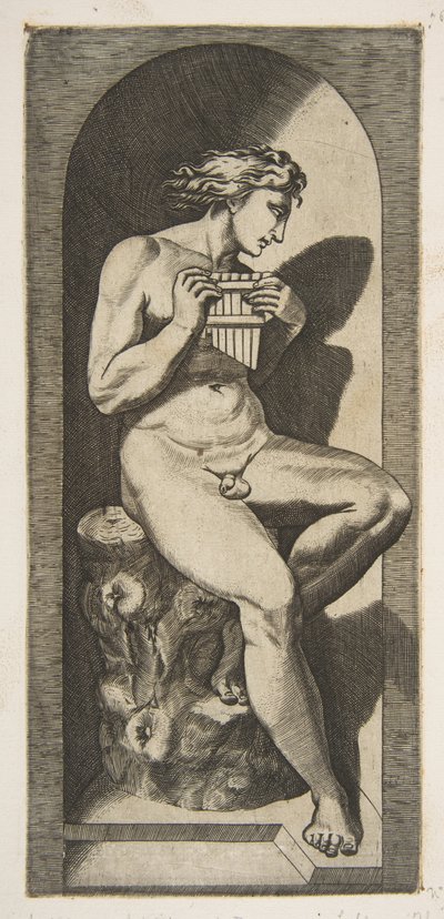 Olympus çıplak bir ağaç kütüğüne oturmuş, boruları tutuyor, bir niş içine yerleştirilmiş, yakl. 1515-27. by Marco Dente