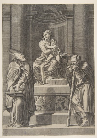 Solda Aziz Joseph ve sağda bir piskopos Bakire sunağının önünde duruyor ..., ca. 1515-27. by Marco Dente