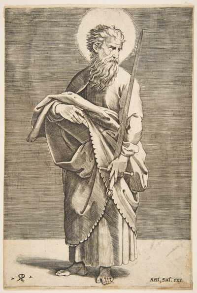 Aziz Paul sağa bakıyor ve elinde bir kılıç ve bir kitap tutuyor, yakl. 1515-27. by Marco Dente