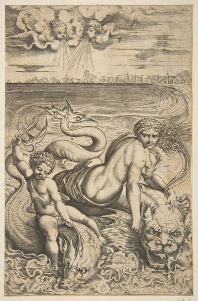 Venüs ve Aşk Tanrısı iki deniz canavarına biniyor, Aşk tanrısı sağ elinde bir ok kaldırıyor, t..., yakl. 1515-27. by Marco Dente