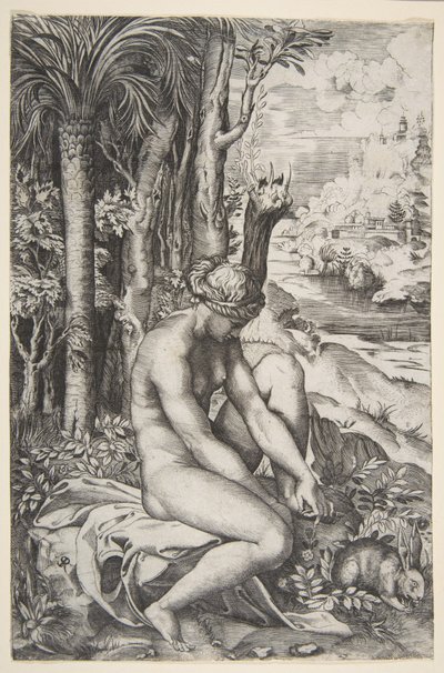 Venüs, ağaçların yanında bir bez üzerine otururken sol ayağından bir diken çıkarırken, bir ..., yakl. 1515-27. by Marco Dente