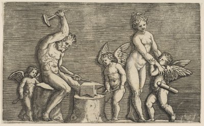 Vulkan, Venüs ve üç aşk tanrısı ile çevrili bir örs üzerinde çekiçle oturuyor, yaklaşık. 1515-27. by Marco Dente