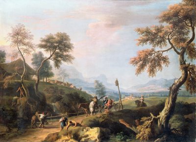 Yolda Arabada Beylerin Olduğu Ormanlık Bir Manzara (tuval üzerine yağlı boya) by Marco Ricci