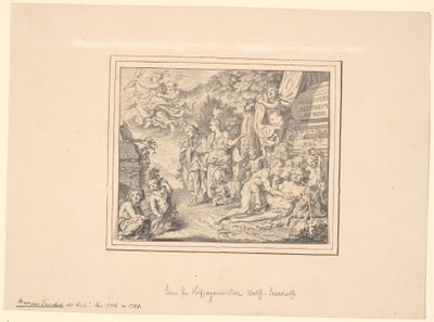 Bir lahitte boğulan Silen ve diğer mitolojik ve alegorik figürlerle alegorik yaprak: "Sepulcrum pudicitiae mortae" yazısı by Marcus Tuscher