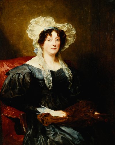 Lacivert Elbiseli ve Mavi Fiyonklu Beyaz Dantel Boneli, Yarım Boyda Oturan Bir Bayan Portresi, İğne Oyası Tutarak, by Margaret Sarah Carpenter