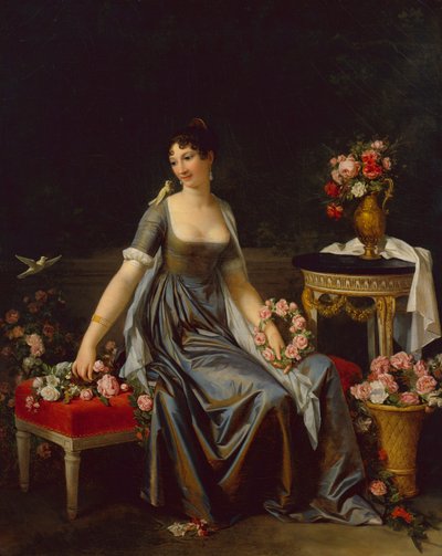 Çiçekler ve Kuşlarla çevrili Bir Hanımefendinin Portresi, 1800 dolayları (tuval üzerine yağlı boya) by Marguerite Gerard