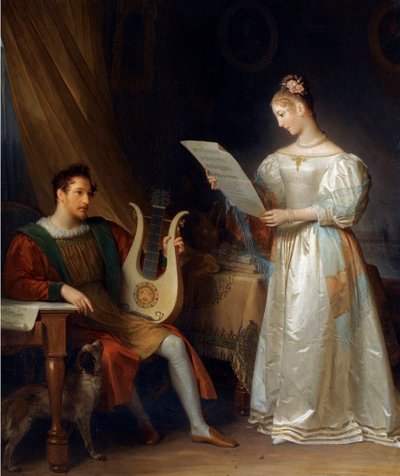""Bir iç mekanda lir tutan bir adam ve bir nota tutan bir kadın"" (İç mekanda Lir tutan bir Adam ve Müzik Notası olan bir Kadın) Resim Marguerite Gerard (1761-1837), - Tuval üzerine yağlıboya Dim 64 5x55 cm Özel Koleksiyon by Marguerite Gerard