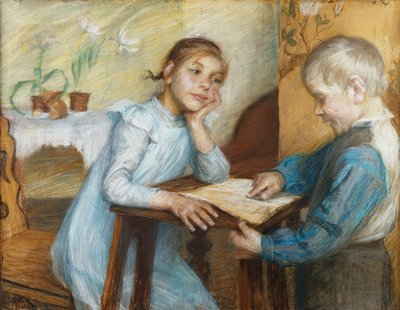 Bir Çocuğun Kıza Okuduğu Bir İç Mekan, 1912 by Maria Wiik