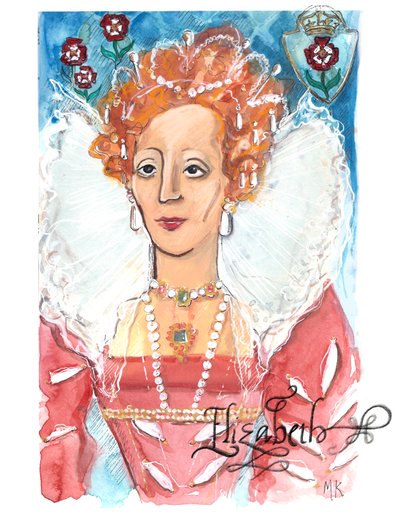 Kraliçe I. Elizabeth, 2018 (kağıt üzerine suluboya) by Marianna Kulukundis