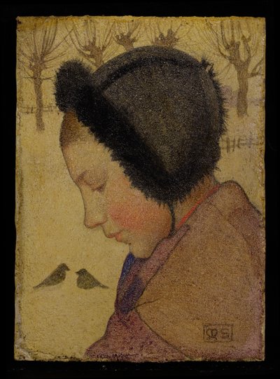 Kürk Şapkalı Genç Kızın Başı (gemide yağ ve gesso) by Marianne Stokes