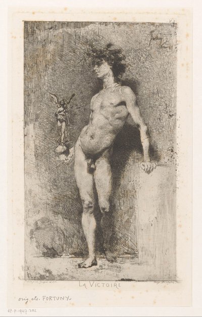 Nike ile çıplak adam La Victoire (nesne üzerindeki başlık) by Mariano José María Bernardo Fortuny y Carbó