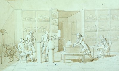 Antoine Lavoisier (1743-94) ve Solunum Üzerine Deneyleri (kağıt üzerinde kalem ve mürekkep ve sepya yıkama) by Marie Anne Pierrette Lavoisier