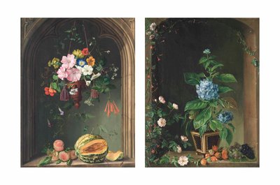 Nasturtiums, convolvulus, sardunyalar, petunyalar ve şeftali ve kavun üzerinde bir kemer altında asılı bir ibrik içinde diğer çiçekler; ve bir kemerde ortancalar, güller, sarmaşıklar, üzümler ve diğer çiçekler (tuval üzerine yağlı boya) by Marie Auersperg