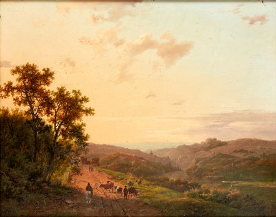 Uzak Manzaralı Bir Köy Yolunda Çobanlar ve Sığırları (panelde yağlı boya) by Marinus Adrianus Koekkoek