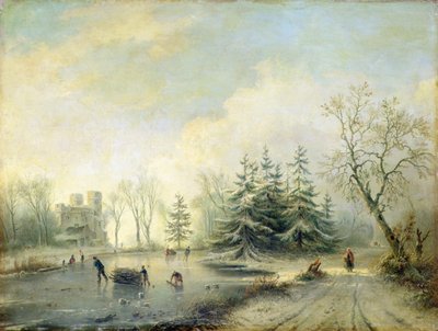 Ağaçlar, Kale ve paten figürleri (panel üzeri yağlı boya) by Marinus Adrianus Koekkoek
