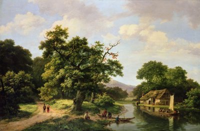 Vapuru Boşaltan Köylülerle Ormanlık Nehir Manzarası by Marinus Adrianus Koekkoek