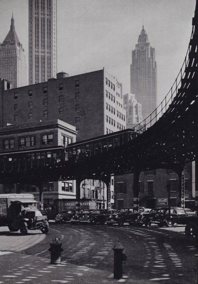 Manhattan: Coenties Slip, yükseltilmiş demiryolu (s/b fotoğraf) by Mario Bucovich