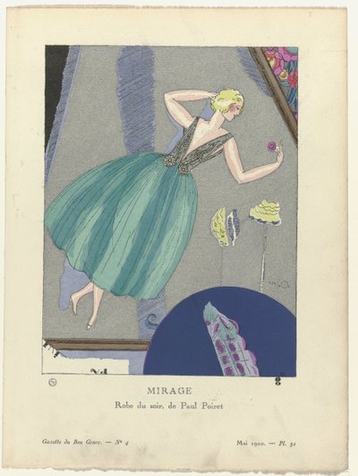 Gazette du Bon Ton, 1920 - No. 4, Pl. 31: Mirage. / Paul Poiret imzalı gece elbisesi. (nesne üzerindeki başlık) by Mario Simon