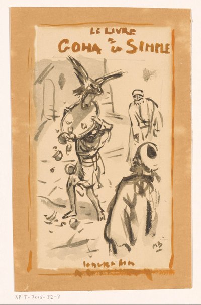 Bir yırtıcı kuşun saldırısına uğrayan tepsili adam Le livre Goha le Simple (nesne üzerindeki başlık) by Marius Bauer (signed by artist)