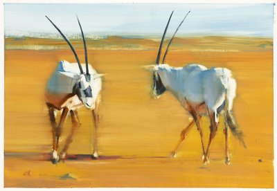 Circling Arabian Oryx, 2010 (kağıt üzerinde yağlı boya) by Mark Adlington