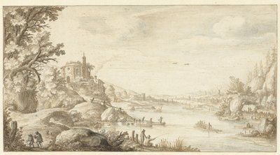 Bir Nehrin Kıyısında Yuvarlak Bir Şapel ile Tepelik Manzara by Marten de Cock