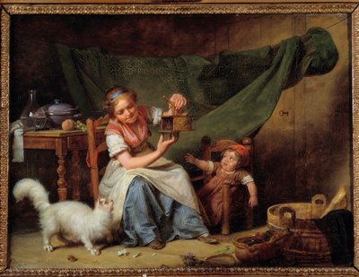 Kadın ve Fare Bir kız, kedinin ve bir bebeğin önünde bir fare yakalayıcı tutar. Martin Drolling (1752-1817) 1798 Sun tarafından boyama. 0,25x0,35 m Orleans. güzel Sanatlar Müzesi by Martin Drölling