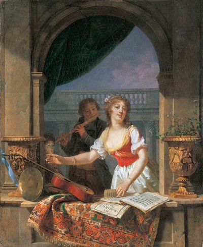Taş bir kanatta gitara uzanan genç bir bayan ve ötesinde flüt çalan bir çocuk, 1796-97 by Martin Drölling