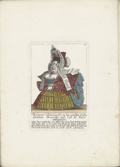 De Franse dwerg Madam Palatinelle, yaklaşık 1710 Madam Palatinelle, boneler, mantilla ve cul de Paris büyük Galla