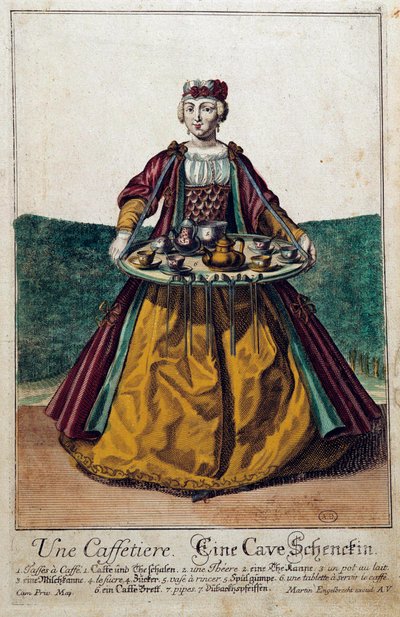 Kahve makinesi: Kahve servisiyle görevlendirilen tepsi taşıyan genç bir kadın. Gravür Martin Engelbrecht (1684-1756) 18. yüzyıl. Paris, Dekoratif Sanatlar by Martin Engelbrecht