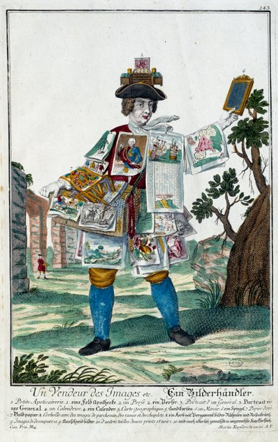 Metier: An image seller. Engraving by Martin Engelbrecht (1684-1756), in “” New assembly of the manouvries habilles”” 18th century, Germany. Paris, Decorative Arts by Martin Engelbrecht