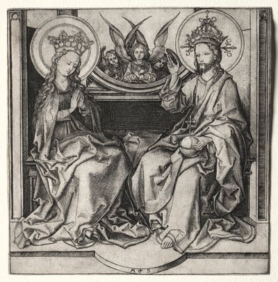 Tanrı Baba ve Kutsal Bakire Meleklerin Katıldığı Enthroned, c. 1480-90. by Martin Schongauer