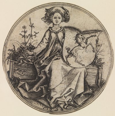 Oturan Bayan, Tek Boynuzlu Atlı Kalkanı Tutuyor, yaklaşık. 1435-1491., yakl. 1435-1491. by Martin Schongauer