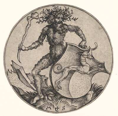 Wild Man tarafından düzenlenen Greyhound ile Kalkan, ca. 1435-1491. by Martin Schongauer