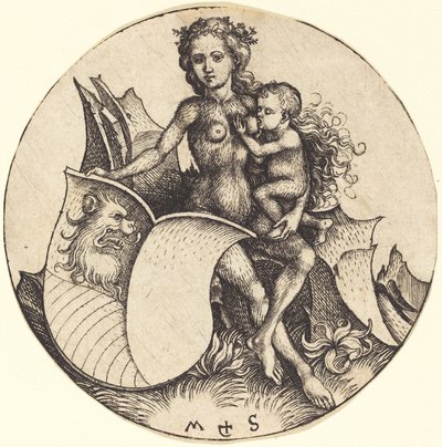 Aslan başlı kalkan, vahşi kadın tarafından tutuluyor by Martin Schongauer